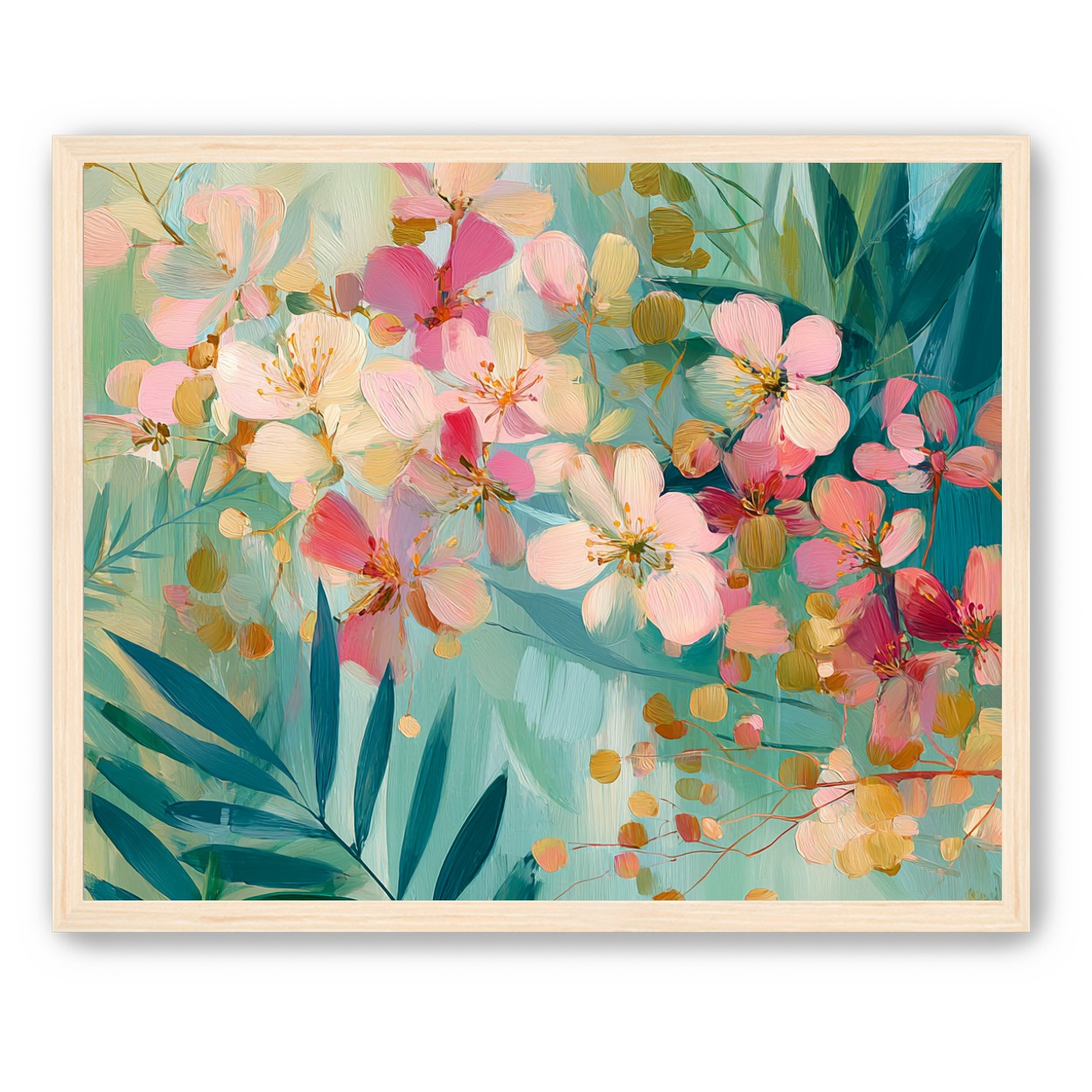 Blossoms over teal leaves