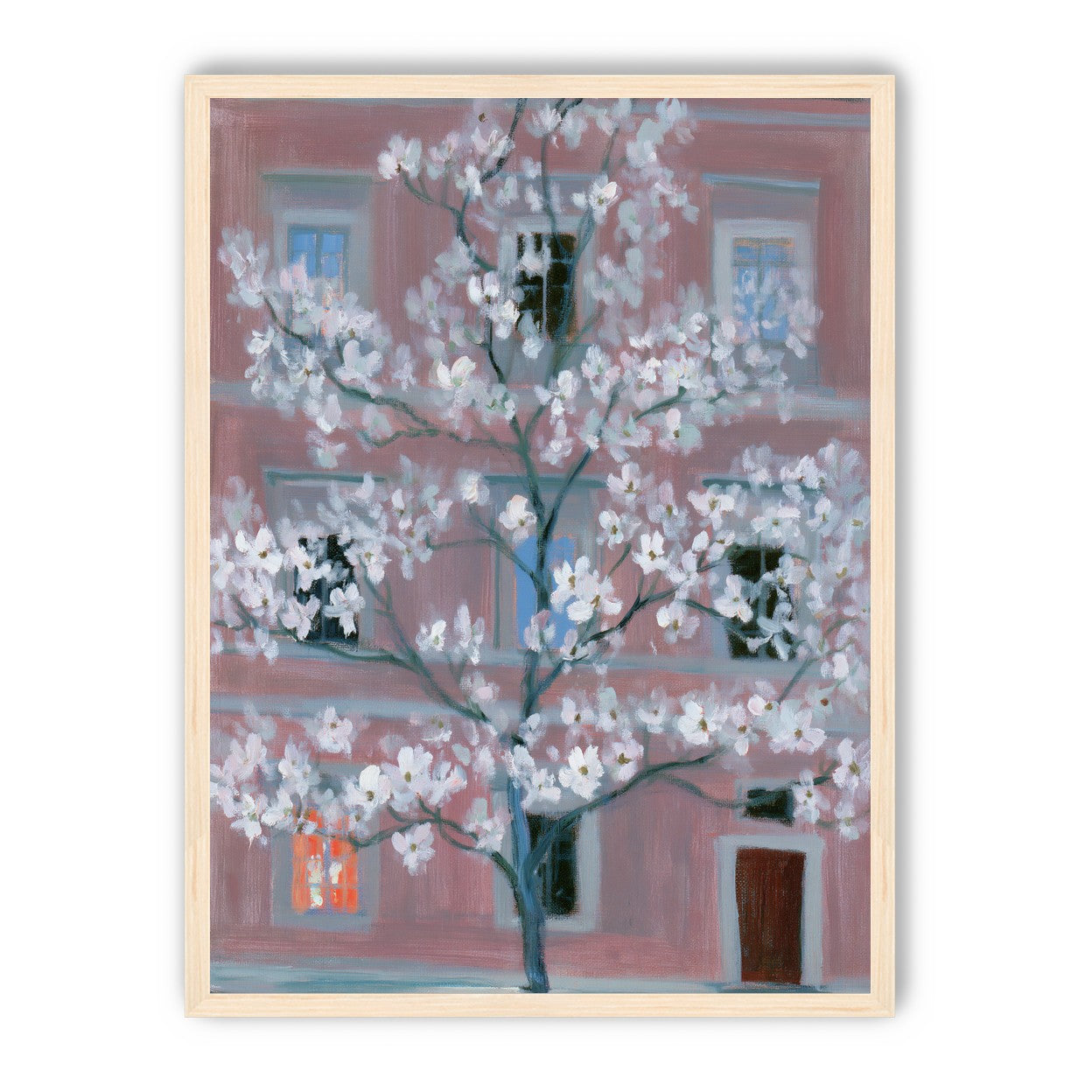 White blossoms against the pink house