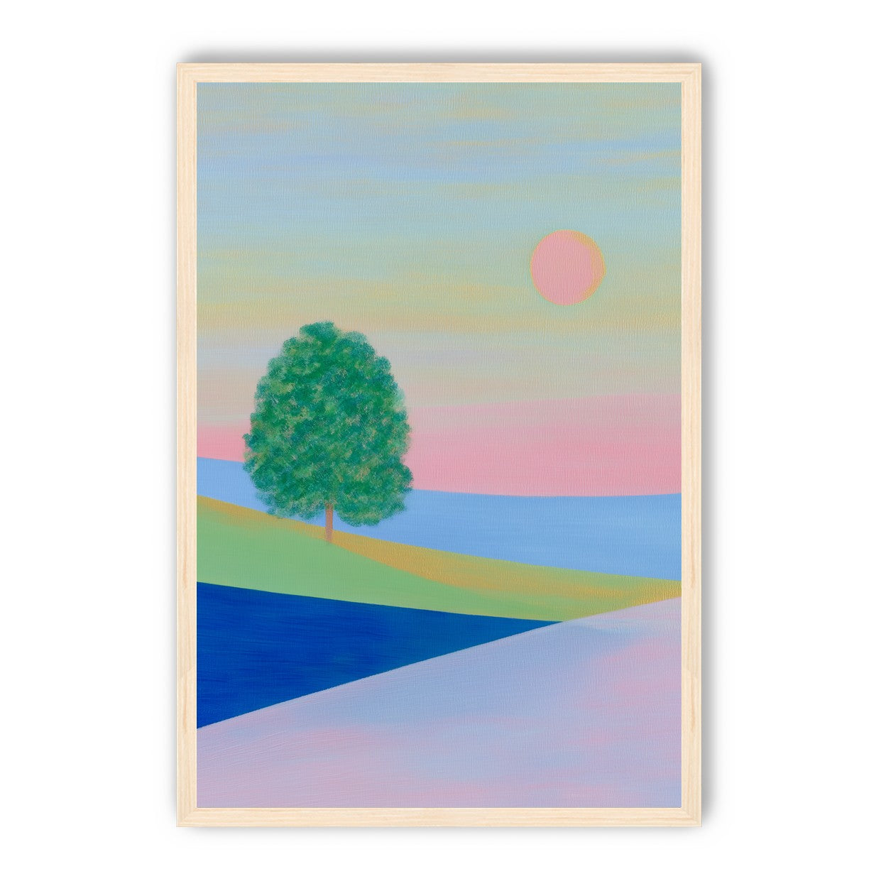 Pink sun over striped hills