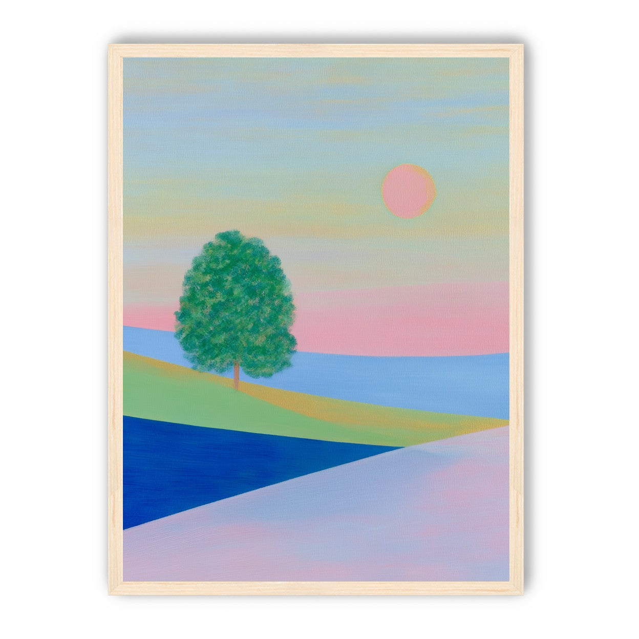 Pink sun over striped hills