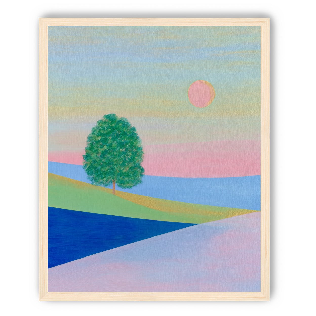 Pink sun over striped hills