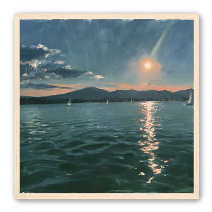 Peach sun on blue water