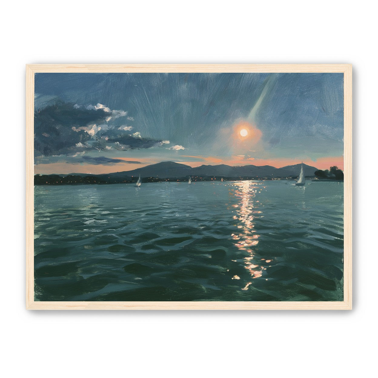 Peach sun on blue water