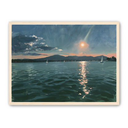 Peach sun on blue water