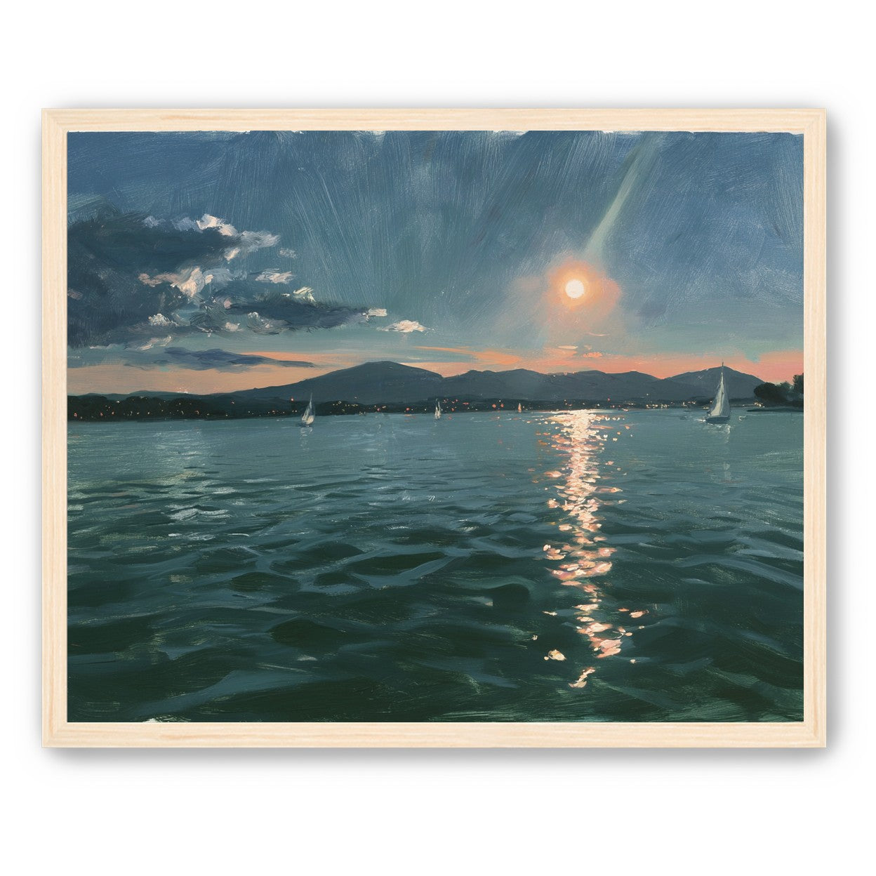 Peach sun on blue water