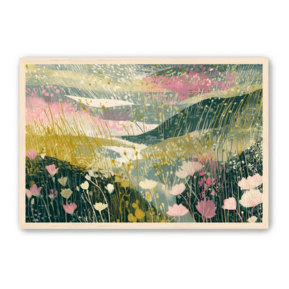 Wildflowers across layered hills