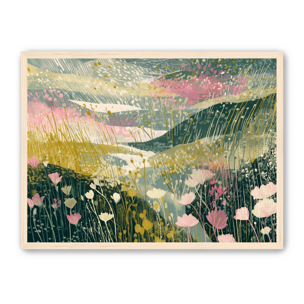 Wildflowers across layered hills
