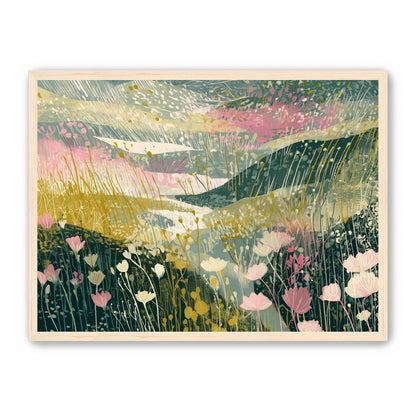 Wildflowers across layered hills