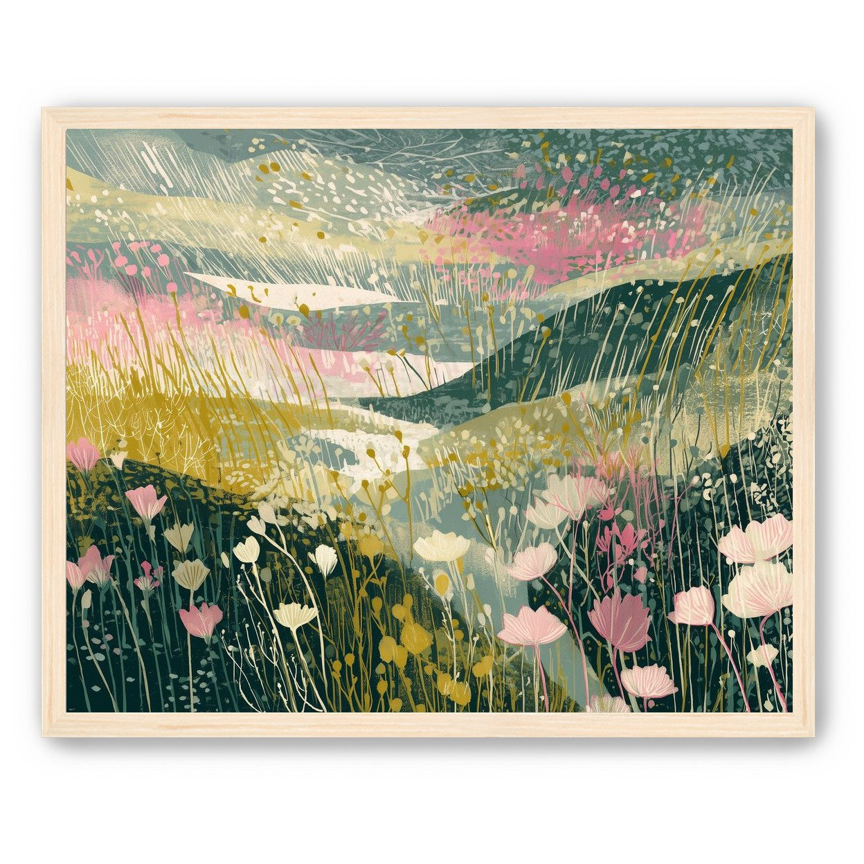 Wildflowers across layered hills