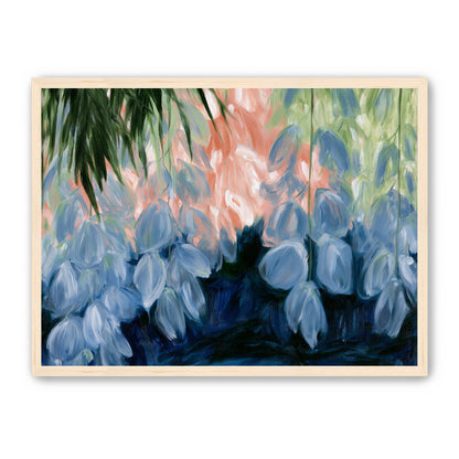 Blue flowers under green leaves