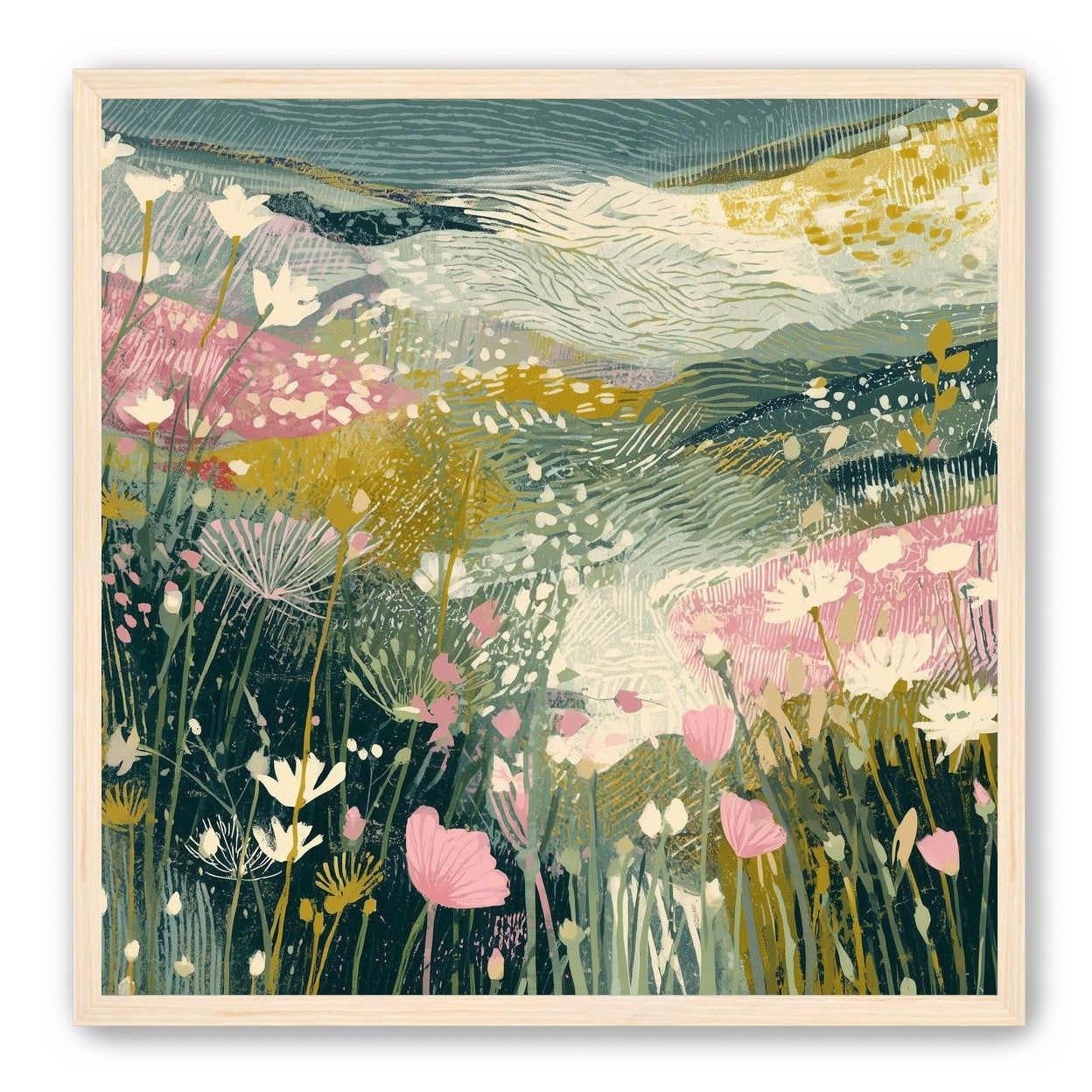 Teal sky over pink meadow