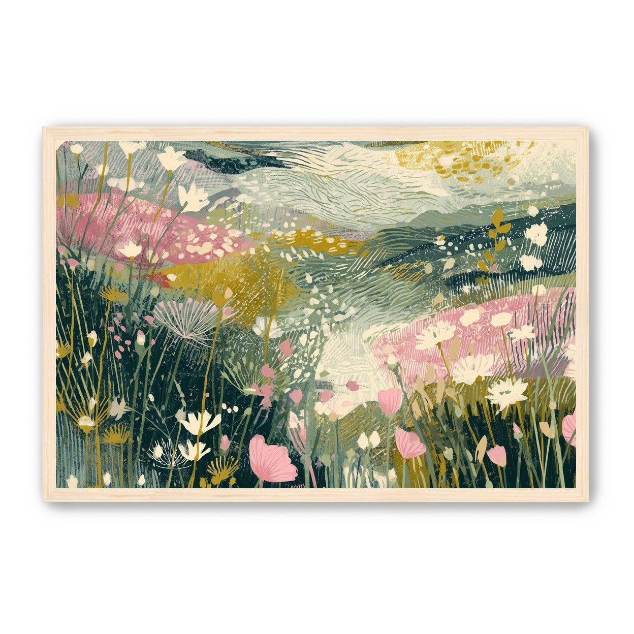 Teal sky over pink meadow
