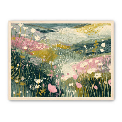 Teal sky over pink meadow