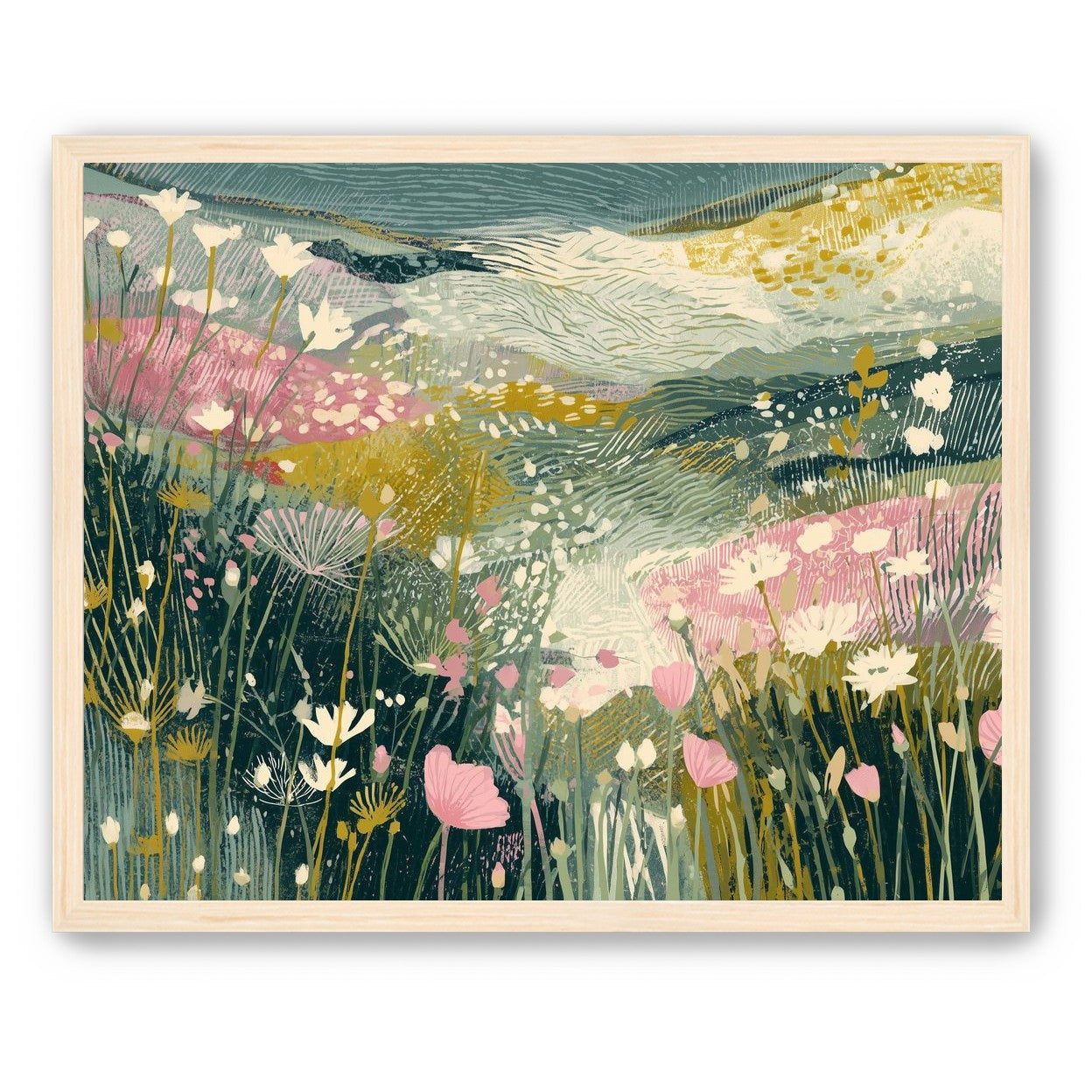Teal sky over pink meadow