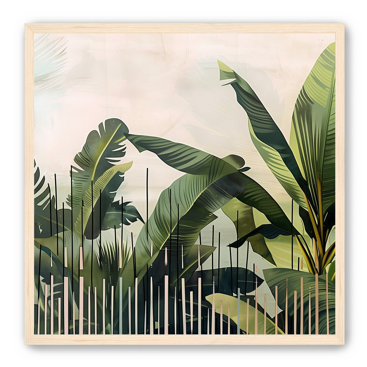 Tropical leaves behind black bars