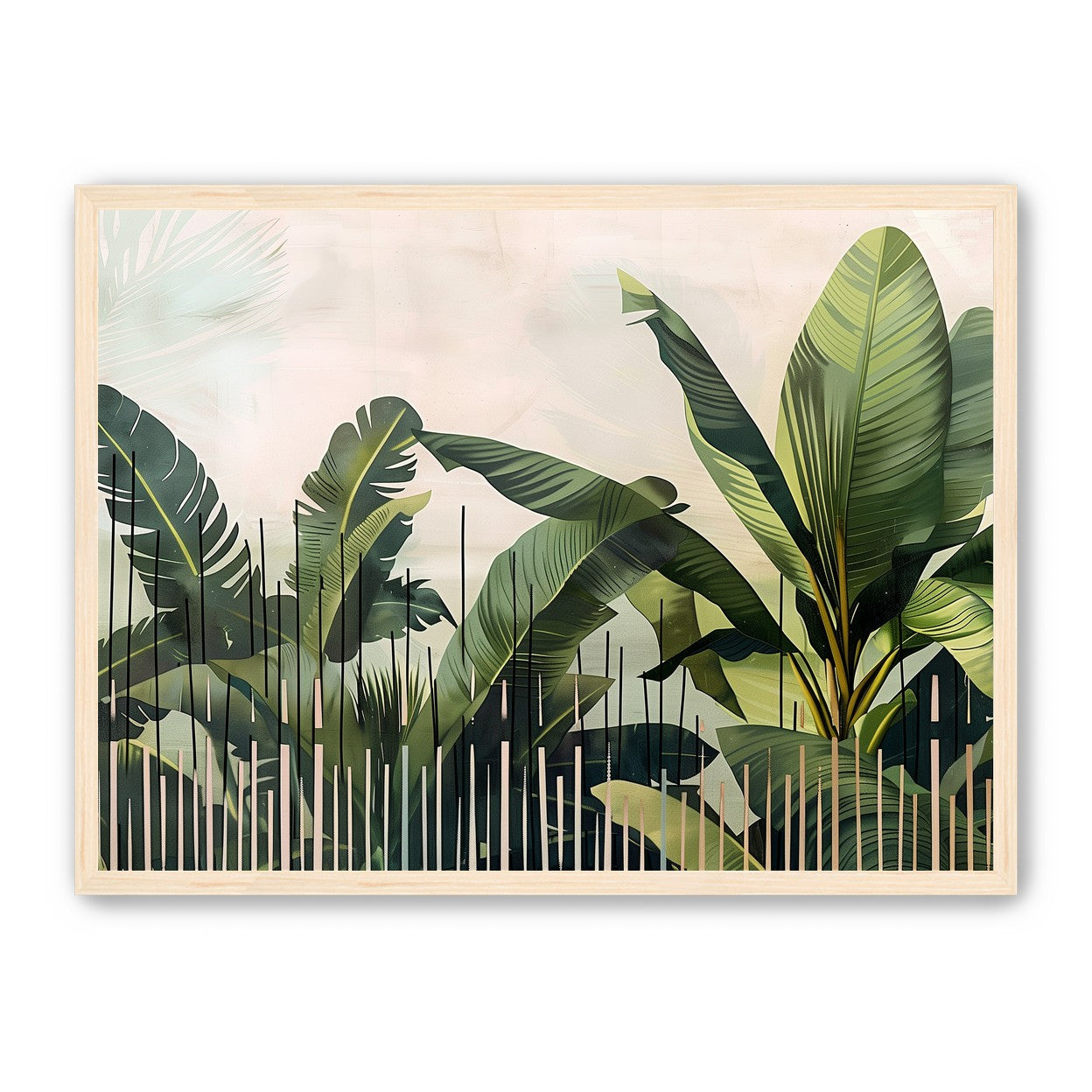 Tropical leaves behind black bars