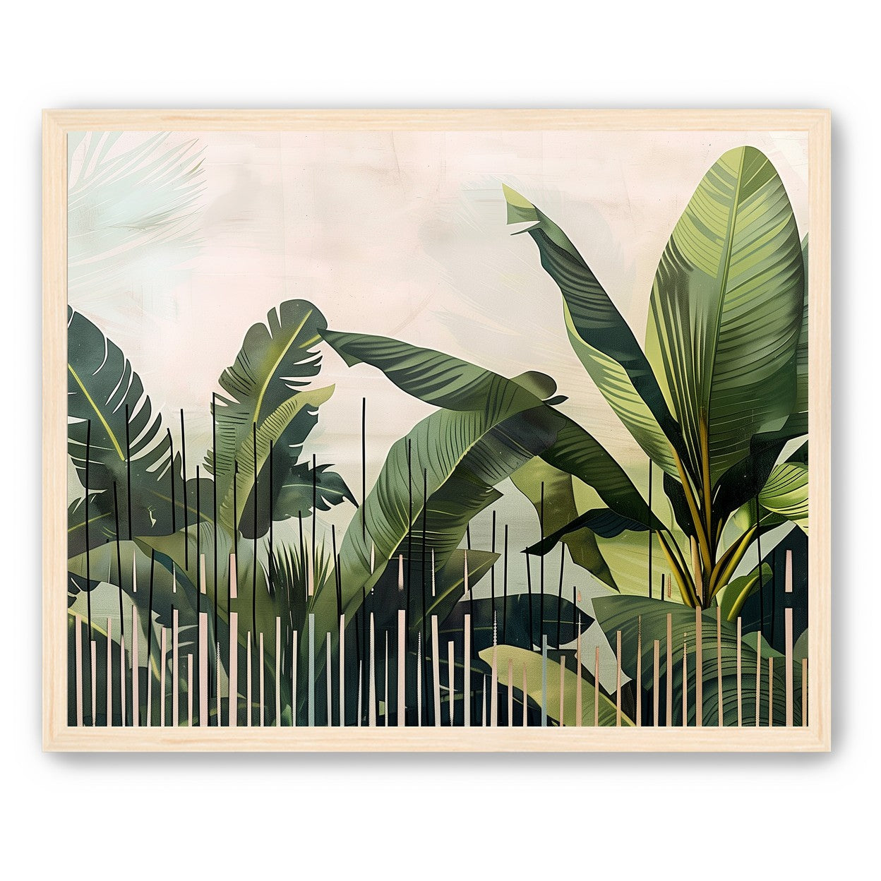Tropical leaves behind black bars