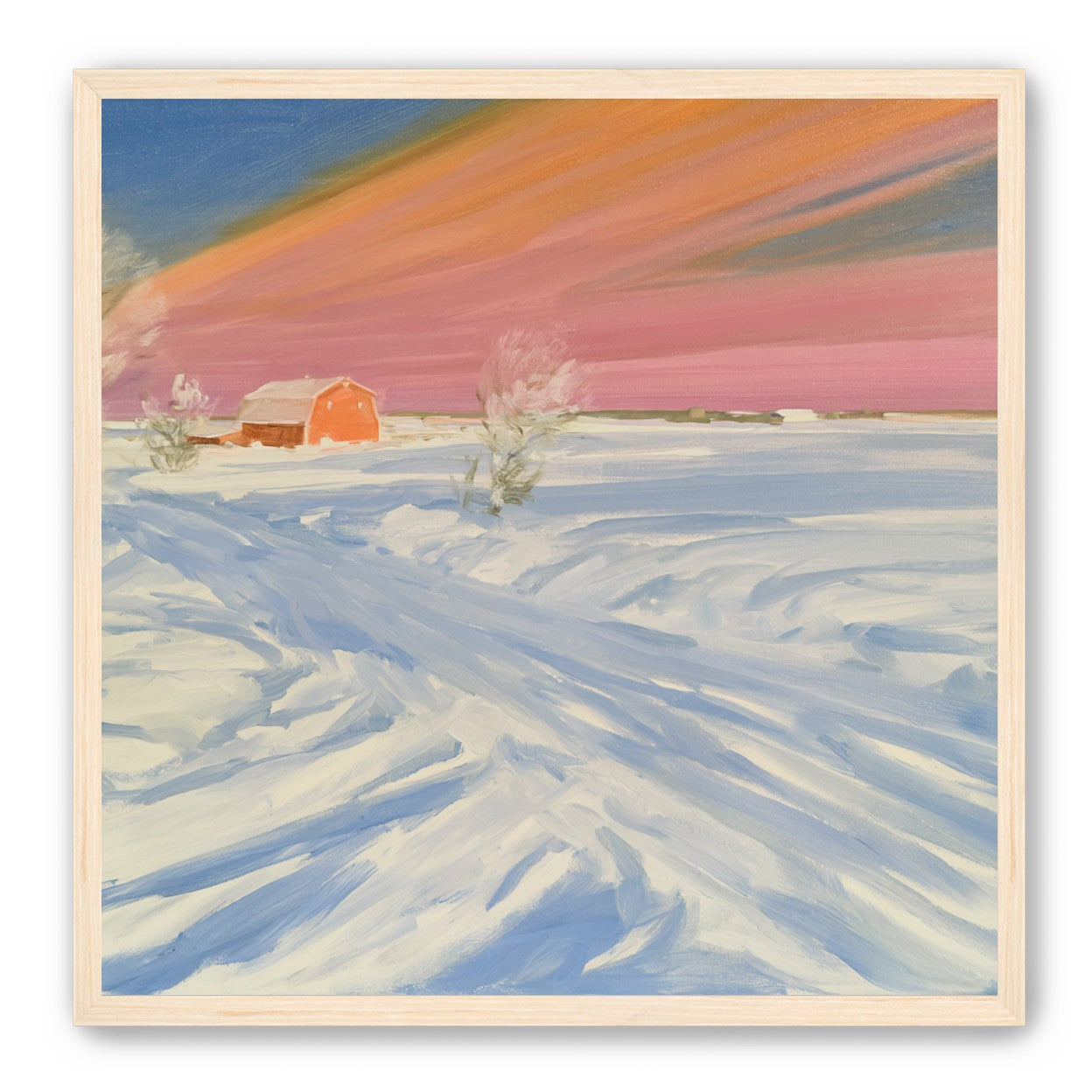 Pink sky over the red barn