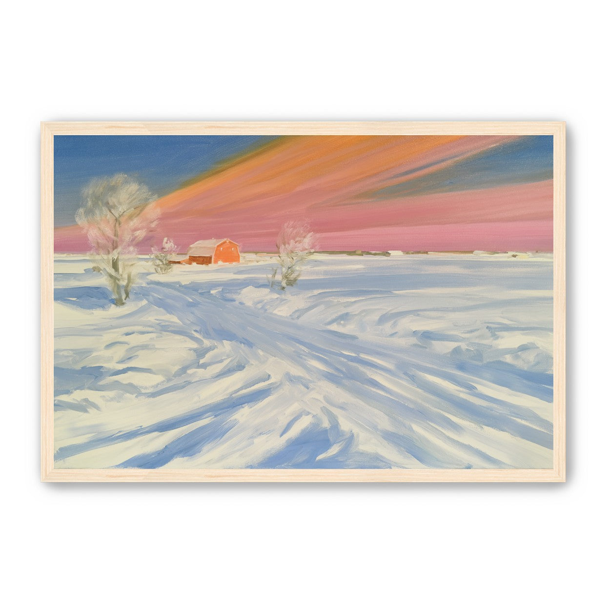 Pink sky over the red barn