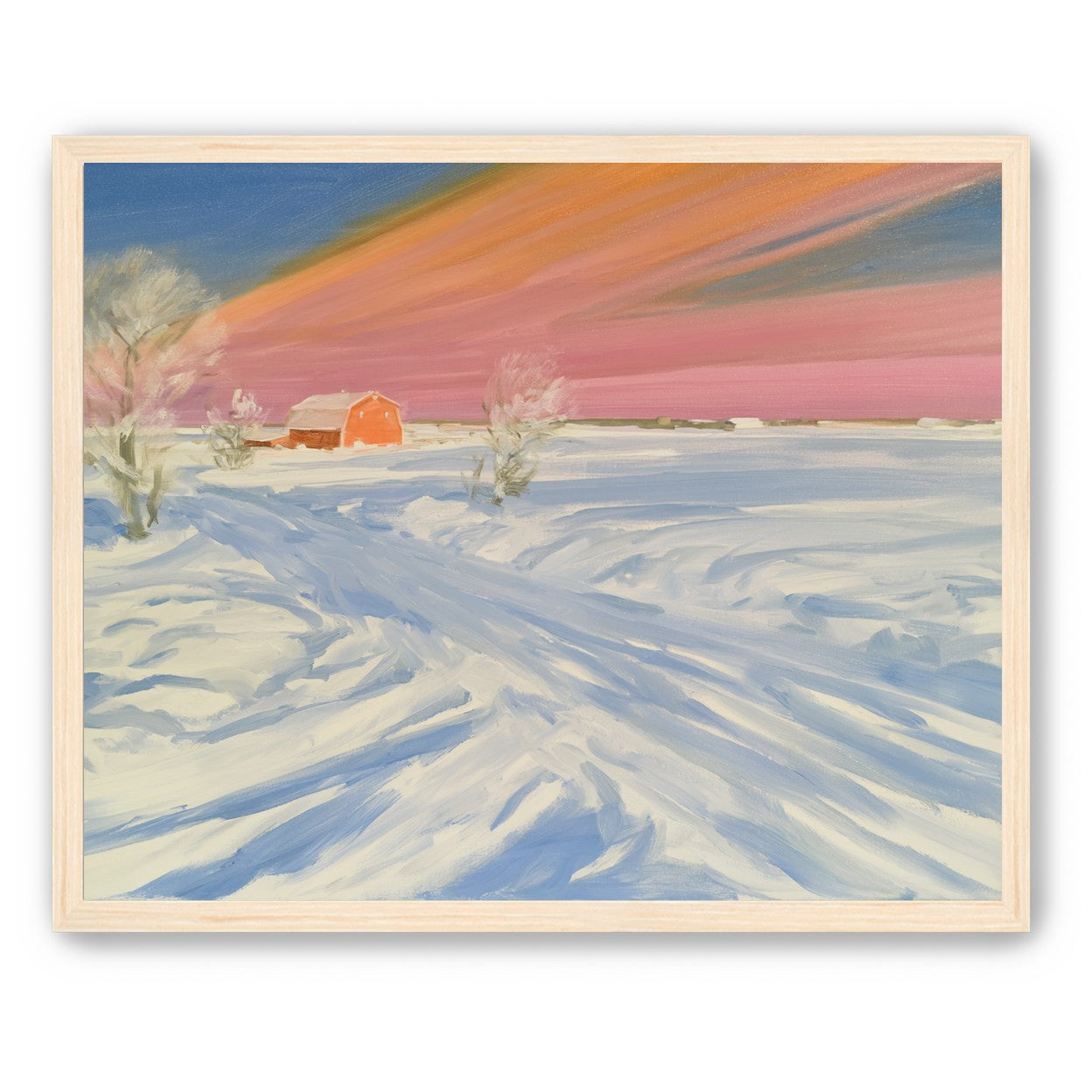Pink sky over the red barn