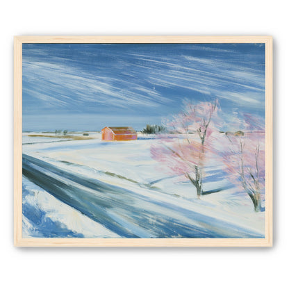 Orange barn beyond the road