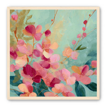 Pink blossoms drifting through teal