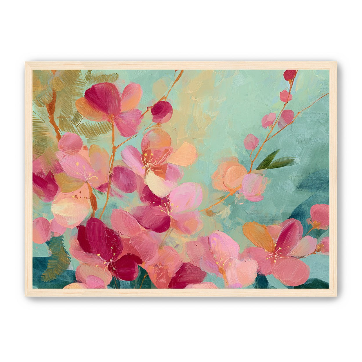 Pink blossoms drifting through teal
