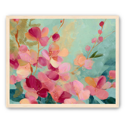 Pink blossoms drifting through teal