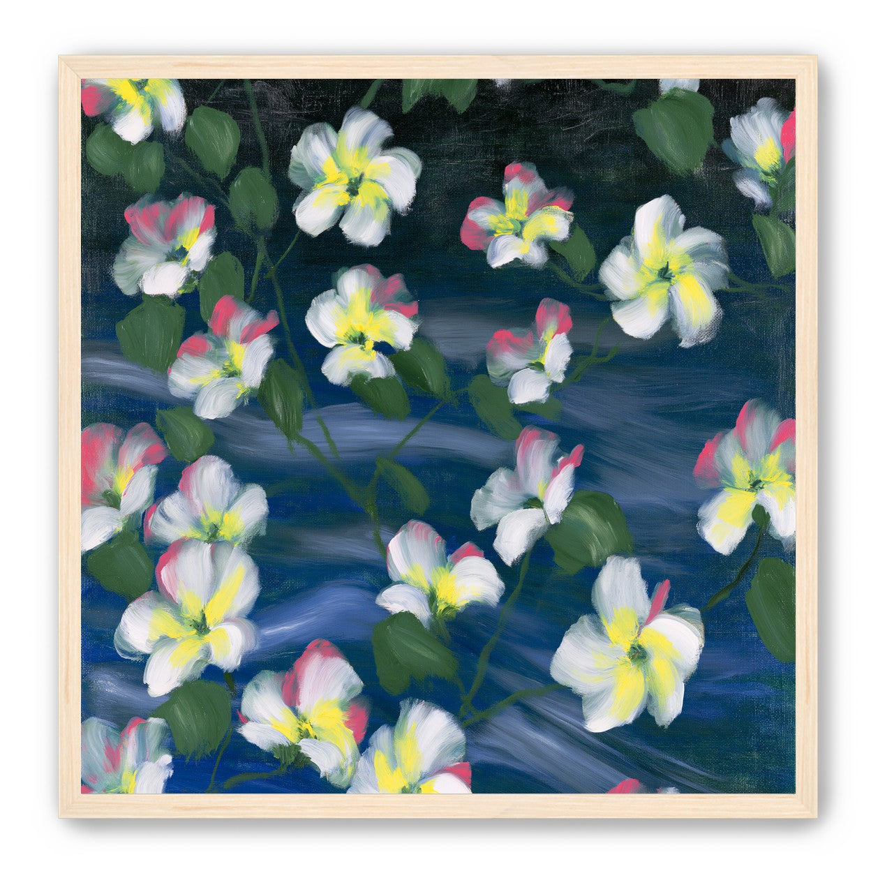 White flowers across deep blue