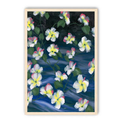 White flowers across deep blue