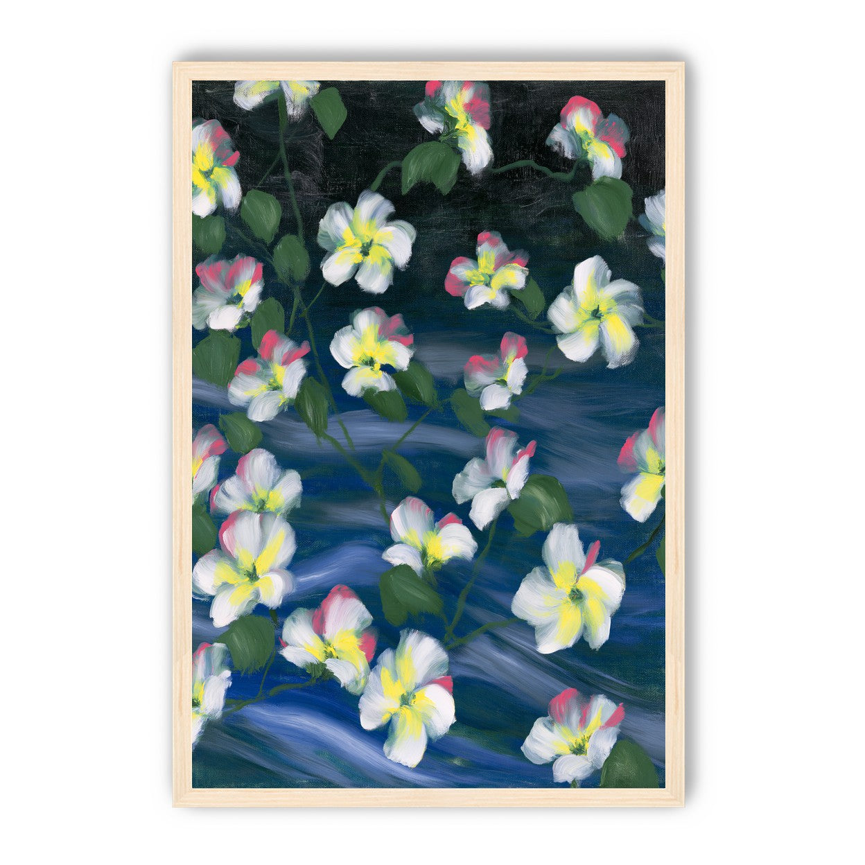 White flowers across deep blue