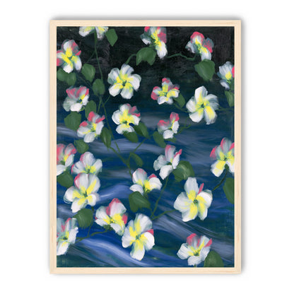 White flowers across deep blue