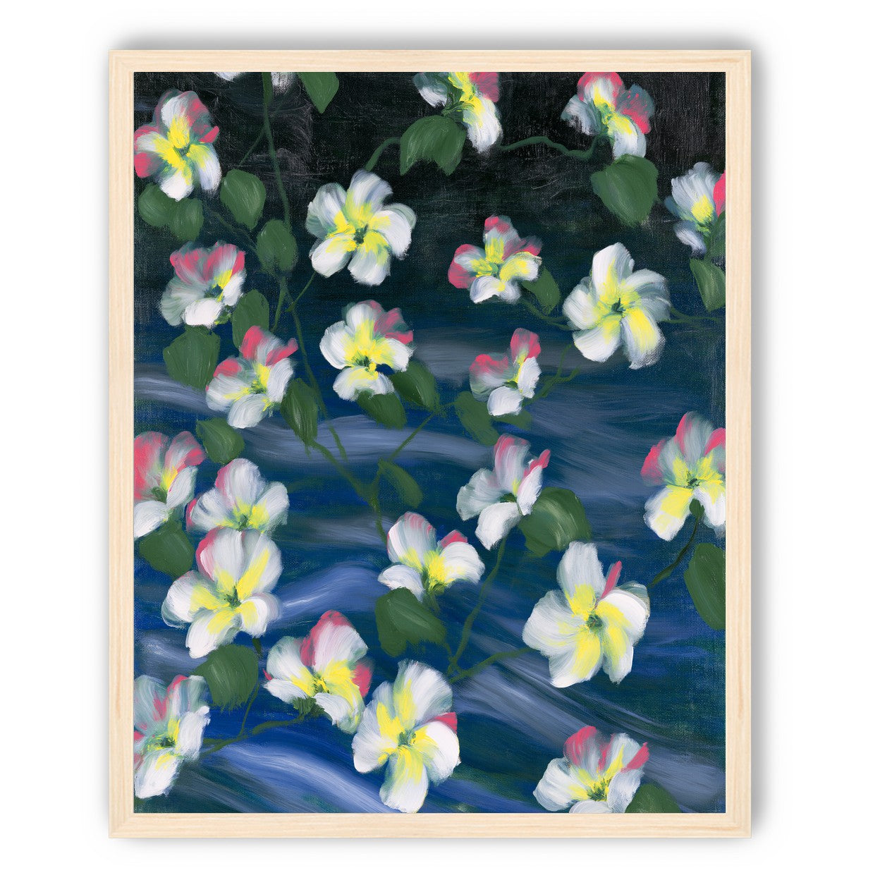 White flowers across deep blue