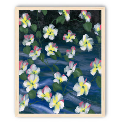 White flowers across deep blue
