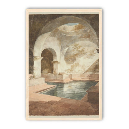 Courtyard pool beneath pale arches