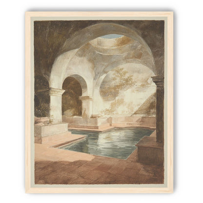 Courtyard pool beneath pale arches