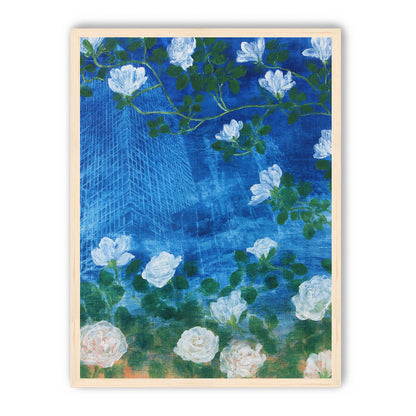 White blossoms on cobalt blue