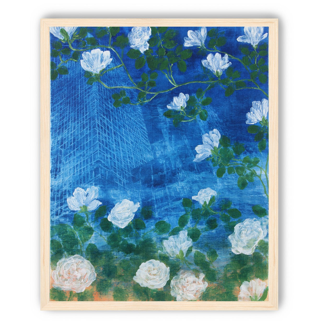 White blossoms on cobalt blue