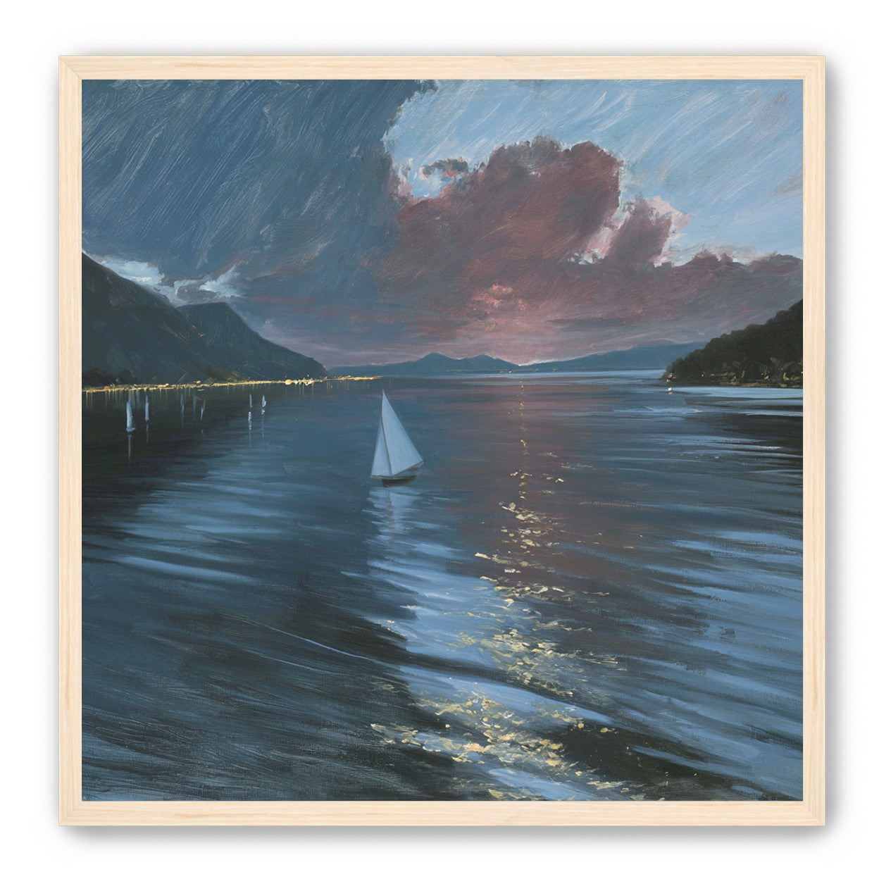 A sailboat beneath storm clouds