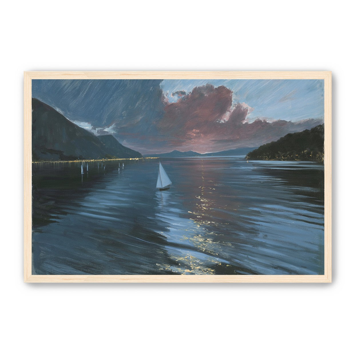 A sailboat beneath storm clouds