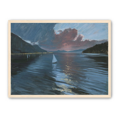 A sailboat beneath storm clouds