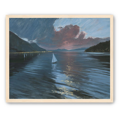 A sailboat beneath storm clouds