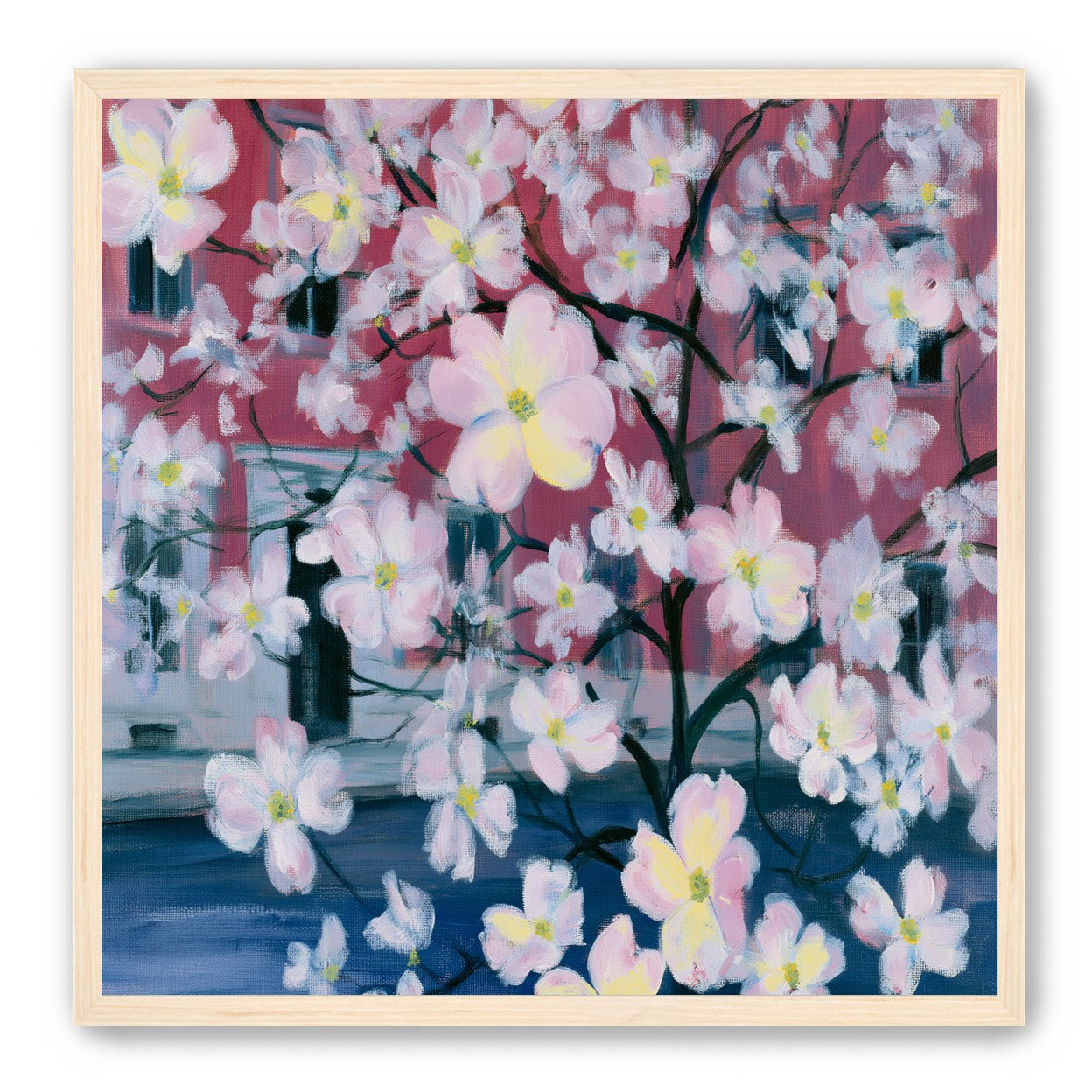 Blossoms across red windows