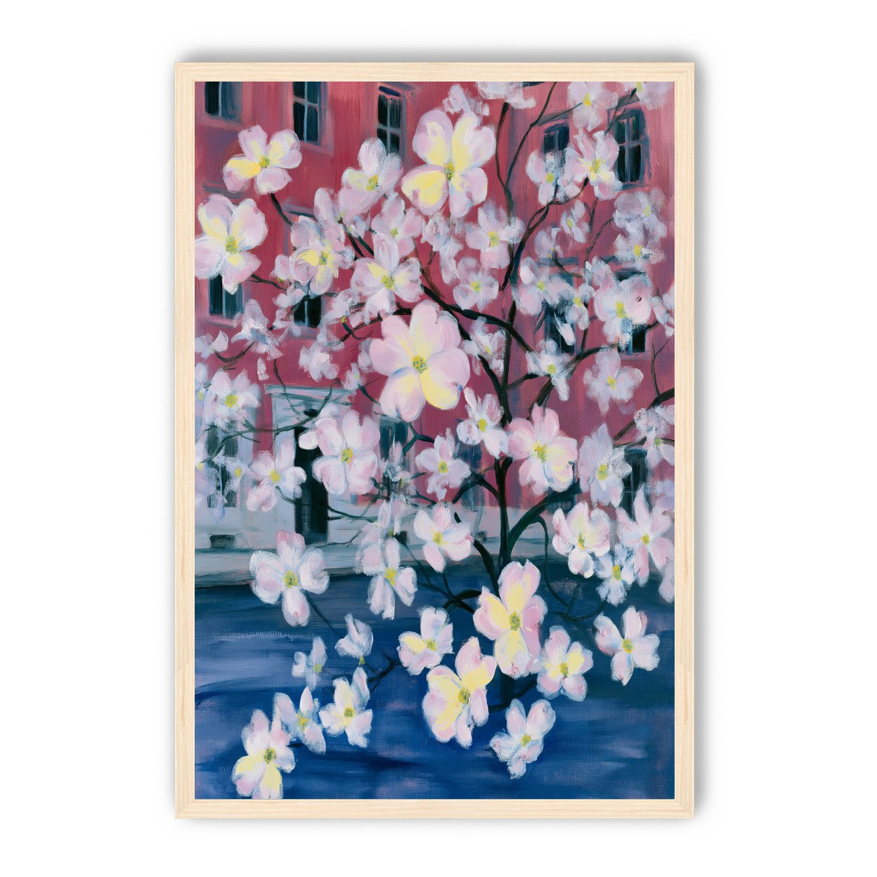 Blossoms across red windows