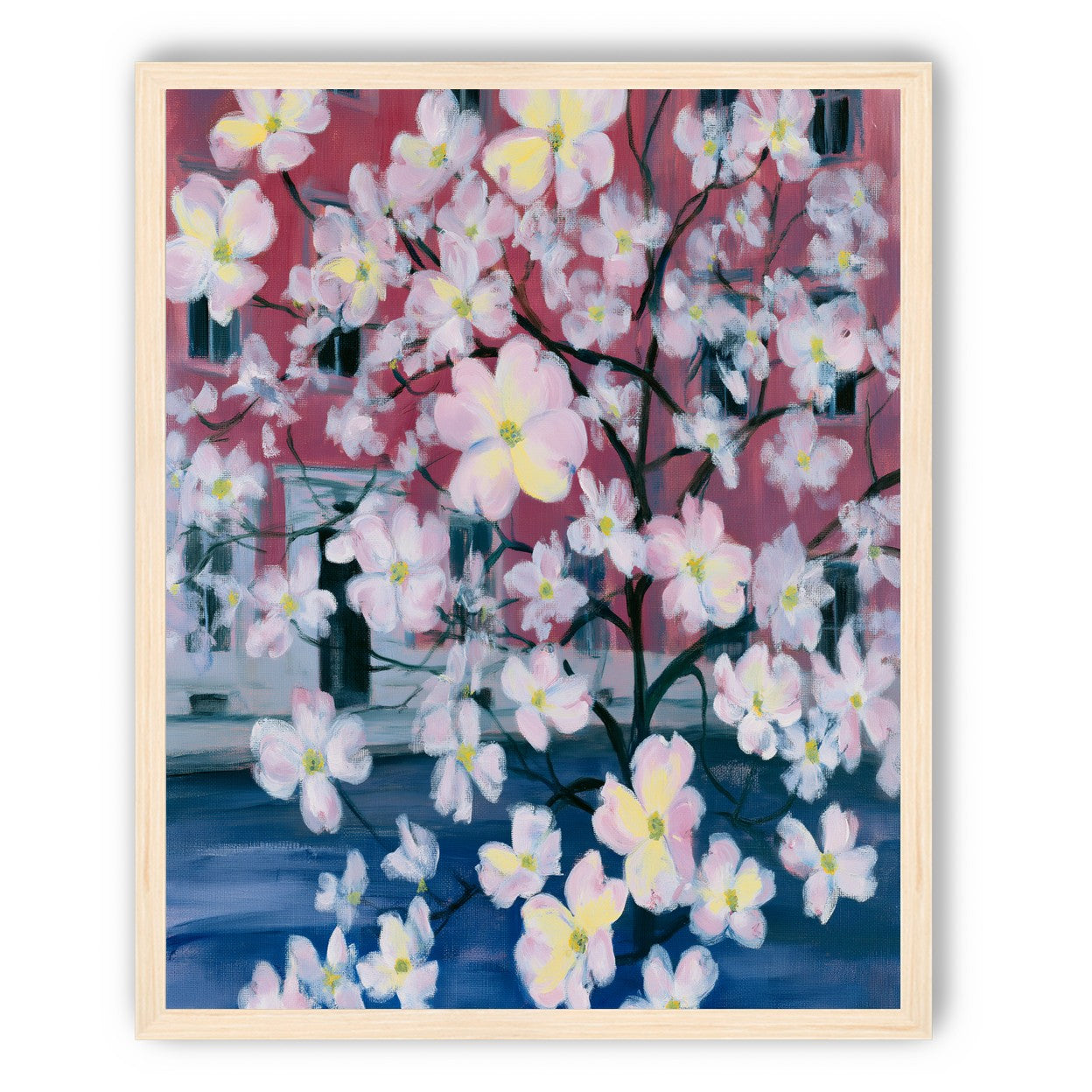 Blossoms across red windows