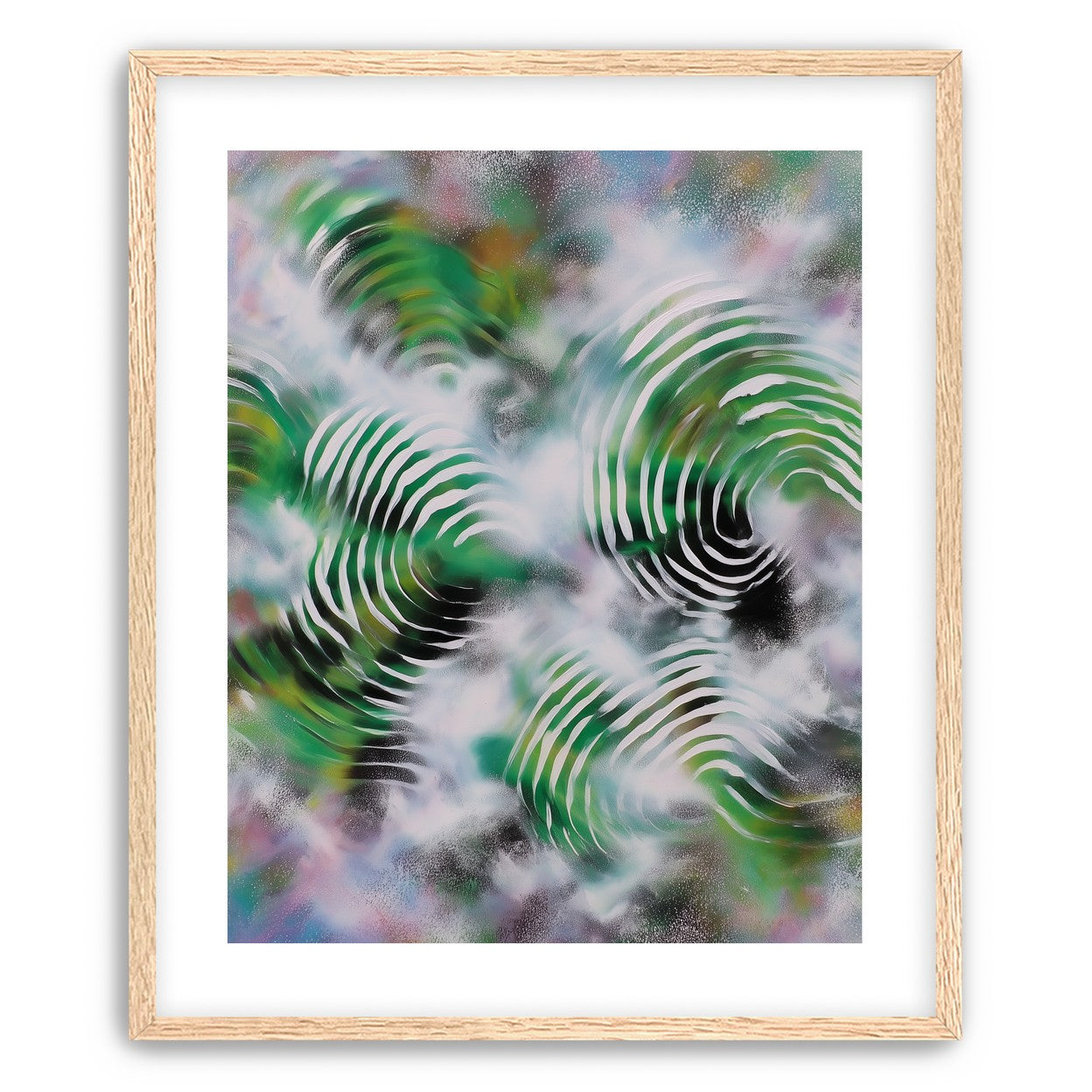 White haze over green spirals