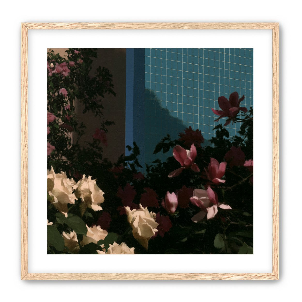 Flowers beneath the tiled wall