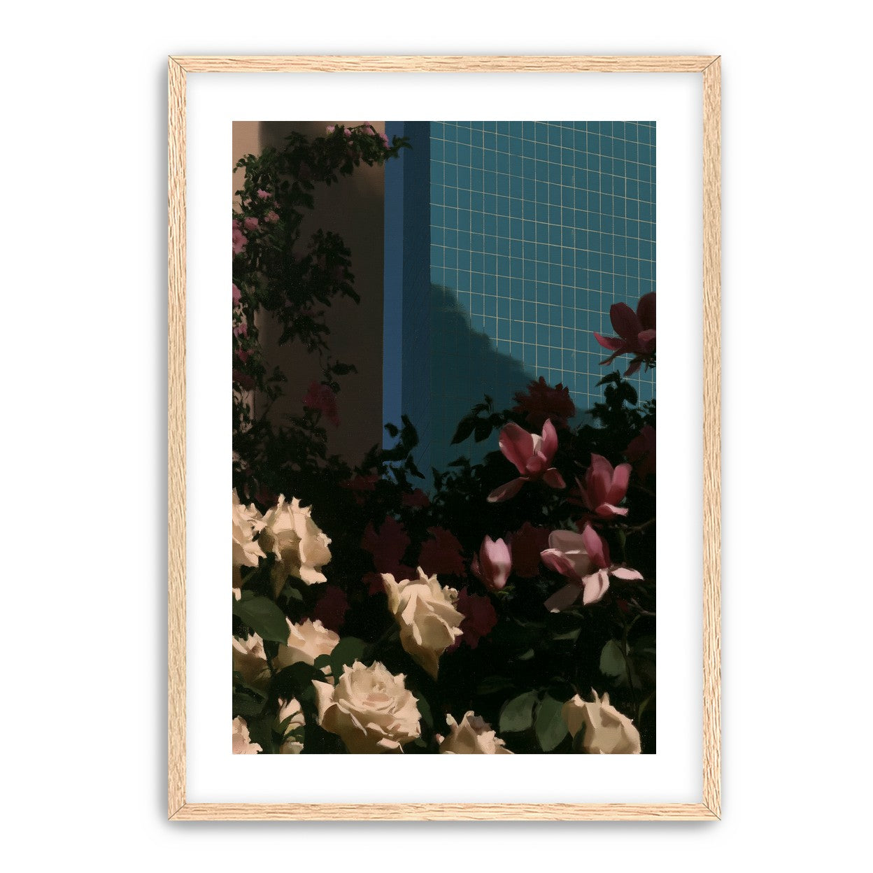 Flowers beneath the tiled wall