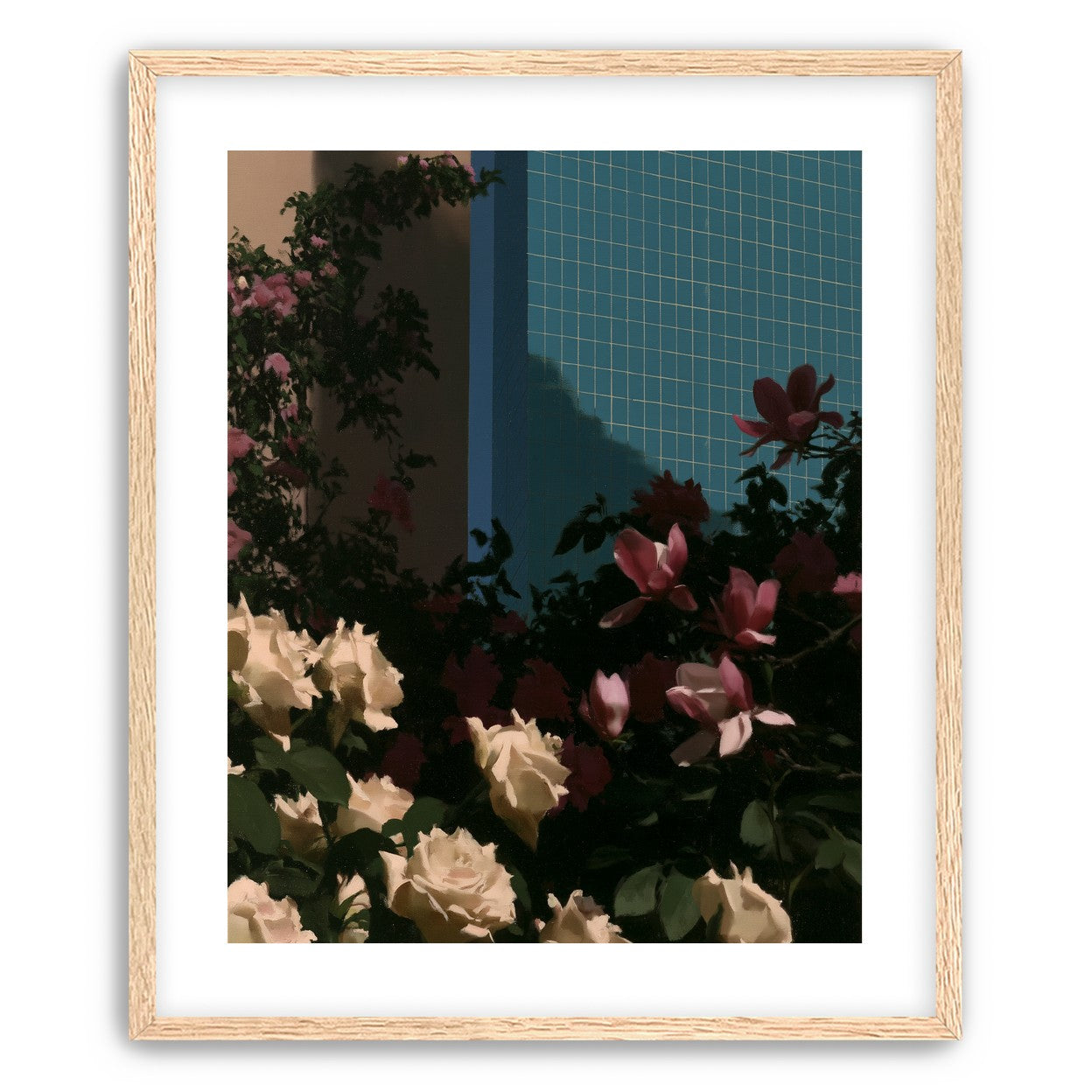Flowers beneath the tiled wall