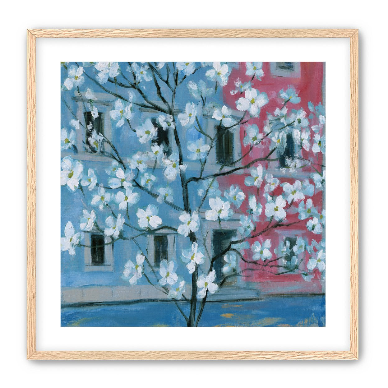 White blossoms across blue and pink